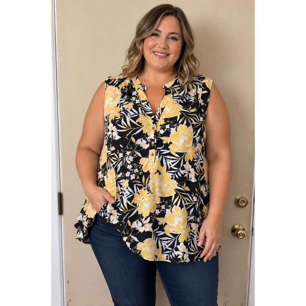 "Per Seption Woman" Plus Size Blouse ~ Yellow Black Floral Polyester Spandex  2x